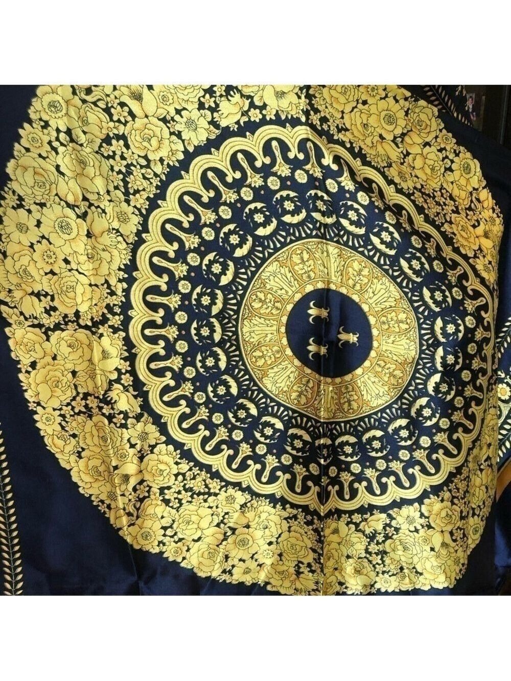SCARF 36” square navy blue with center medallion in shades of gold. - Picture 5 of 8